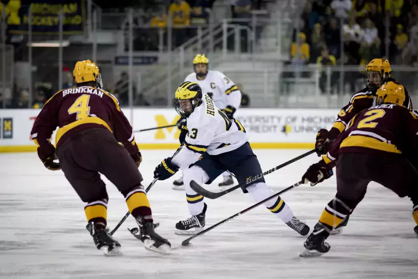 Quinn Hughes carries the puck up ice against Minnesota